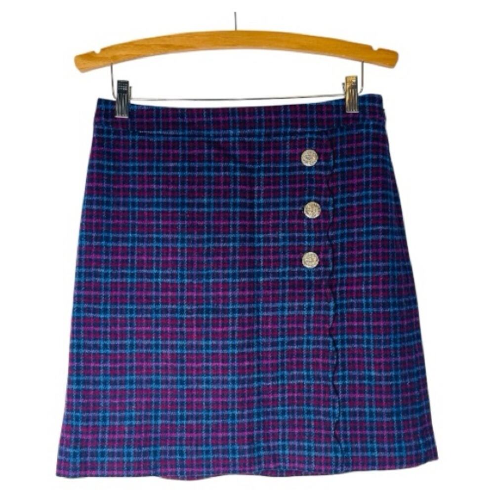 Talbots pink blue plaid wool button scalloped preppy academia skirt 6P